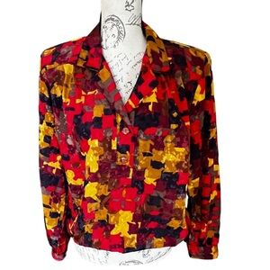 VTG Maygene red , gold Collared Half Button Smocked Hem Blouse size small